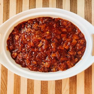 Pan of meatloaf on butcher block