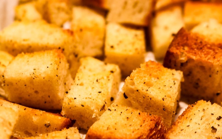 sourdough croutons on a tray