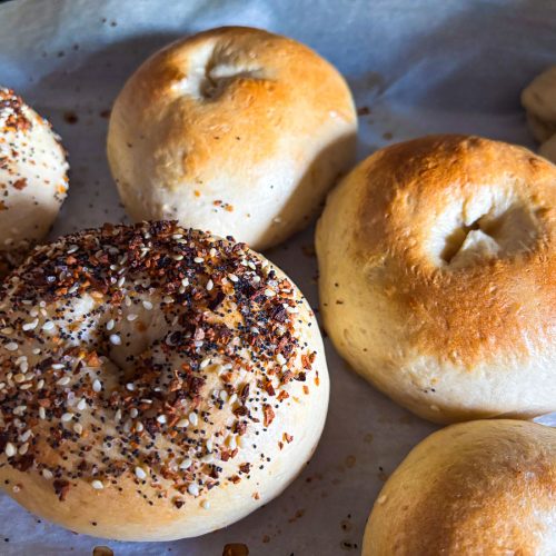 Everything-seasoned sourdough bagels cooling on parchment paper.