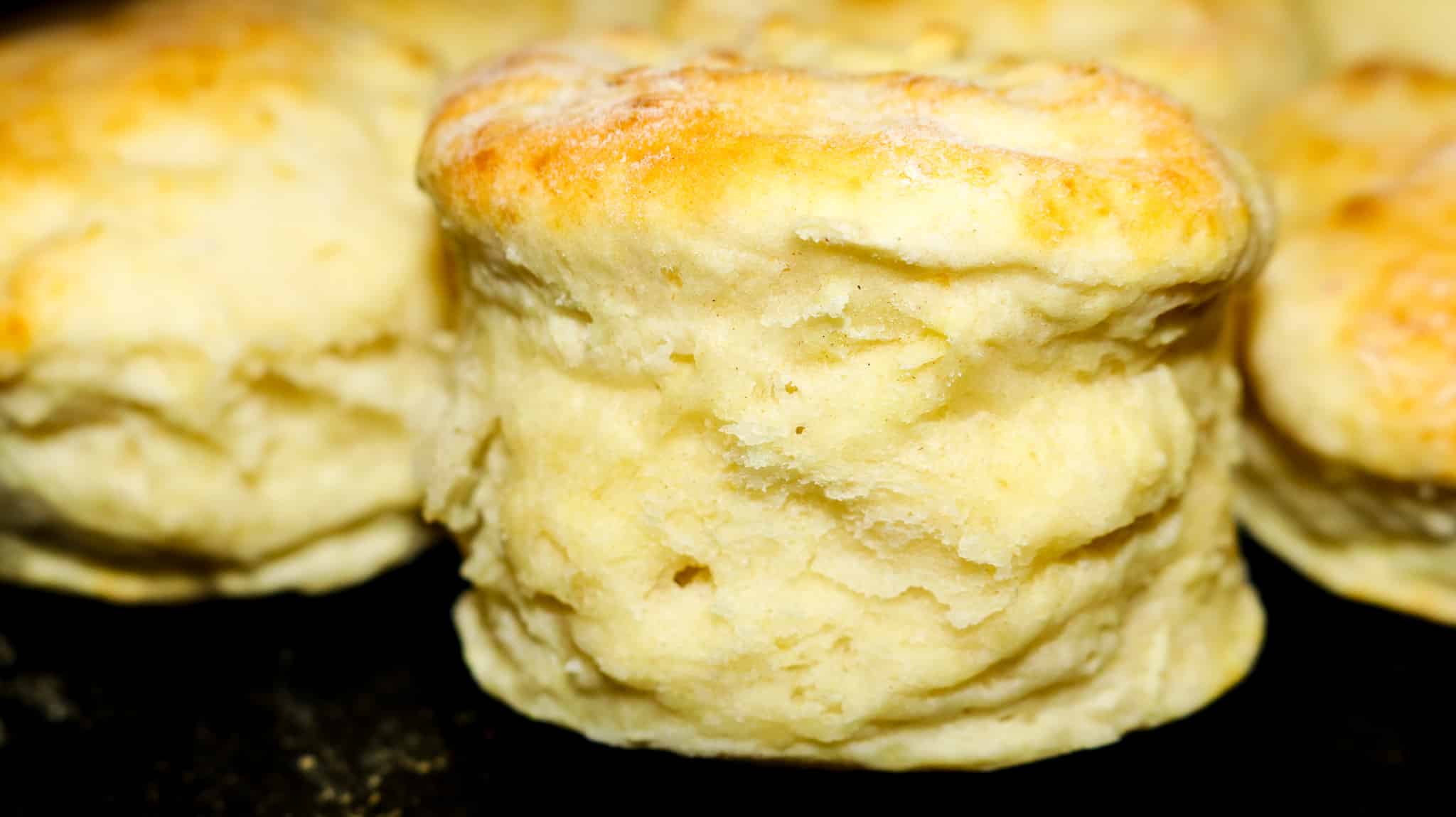 buttermilk biscuits up close on a cast iron pan