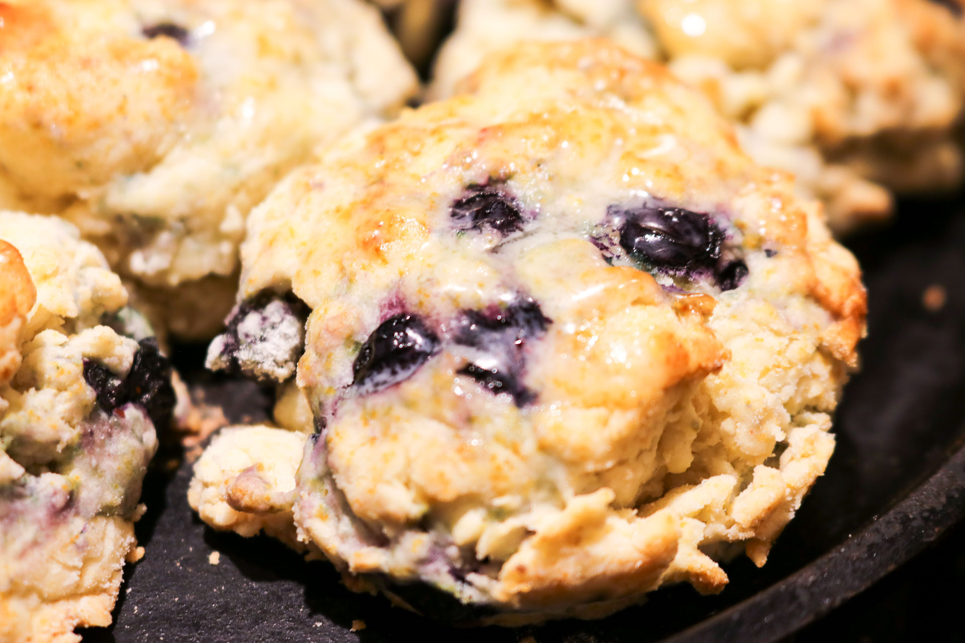 blueberry biscuit on a cast iron skillet