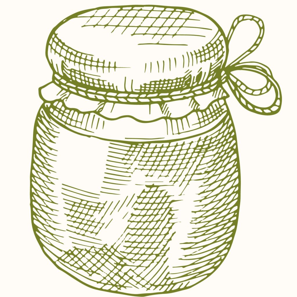 drawing of a green jar with ribbon