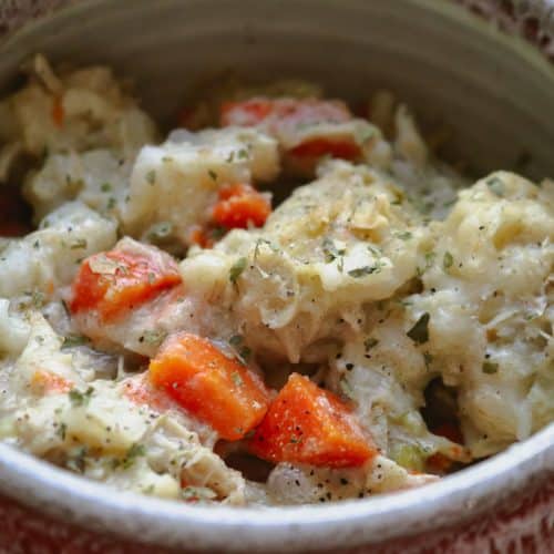 bowl of chicken, dumplings, carrots and parsley