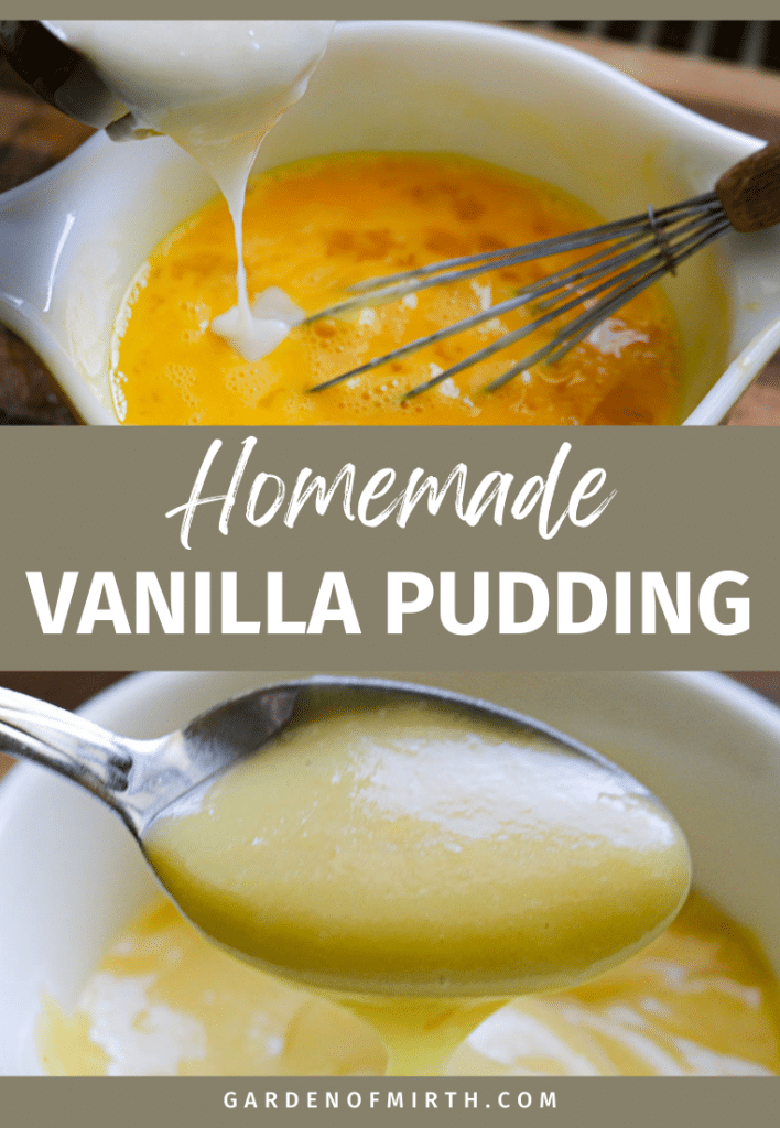 Homemade vanilla pudding being made and served, showing egg tempering and a spoonful of creamy pudding