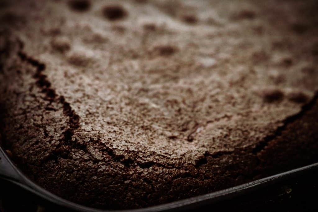 the top of a baked chocolate caramel bar in 9x13 pan