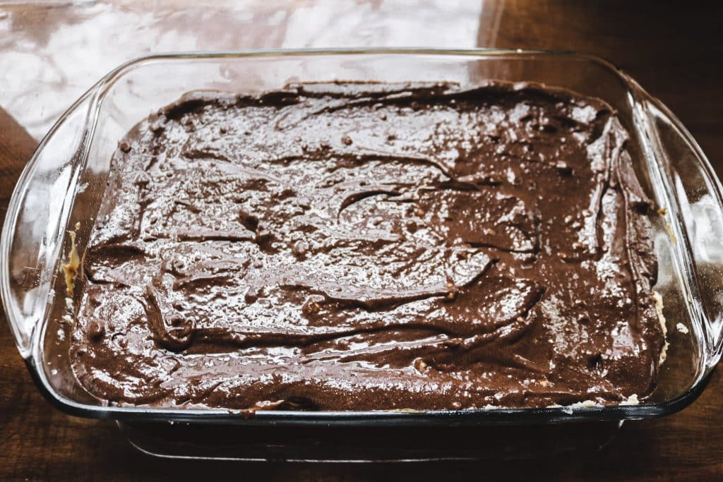 a 9x13 pan of unbaked chocolate caramel bars