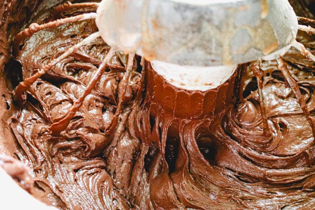 chocolate cake batter in a mixing bowl