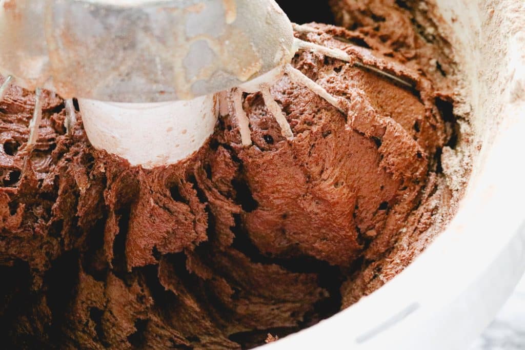 thick chocolate sourdough pound cake batter