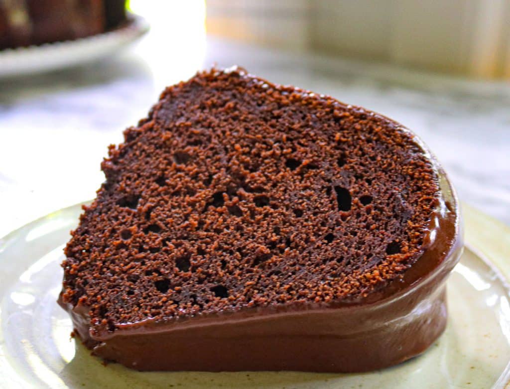 chocolate sourdough pound cake slice on a plate