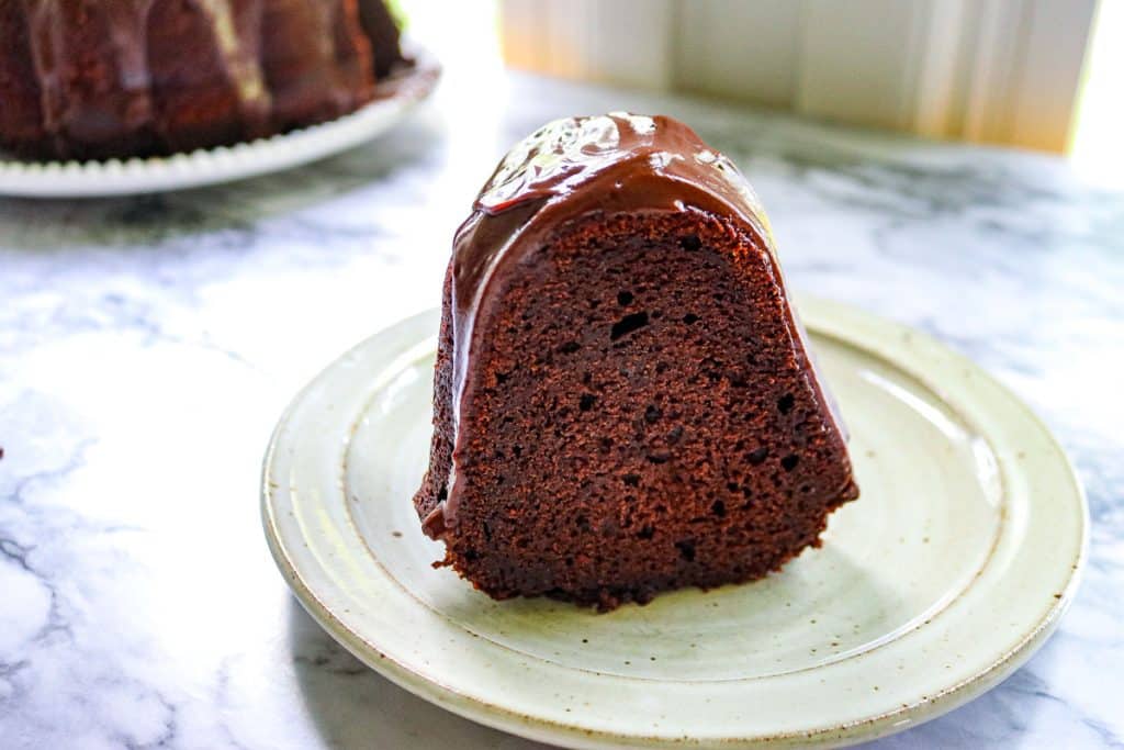 chocolate sourdough pound cake slice on a plate