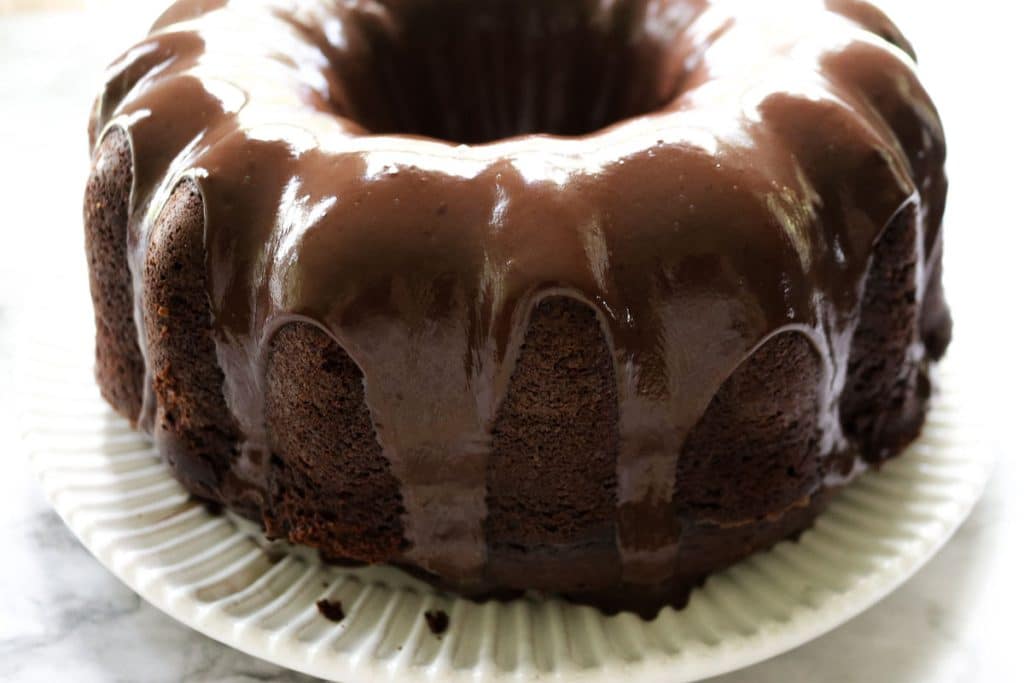 drizzled chocolate ganache on top of sourdough chocolate cake