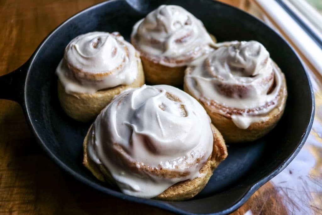 cinnamon rolls in a cast iron pan