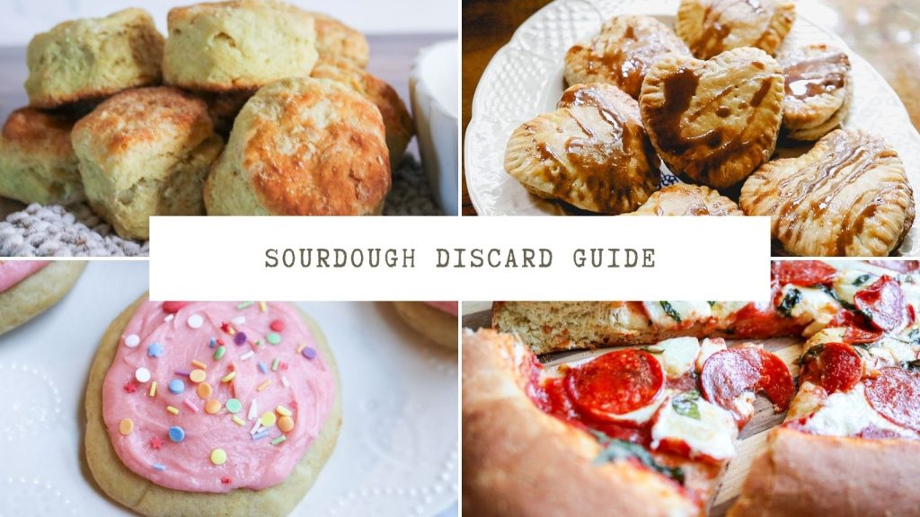 Collage of sourdough discard recipes including flaky biscuits, iced cookies, pop tarts, and sourdough pizza