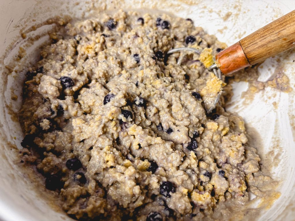 mixed whole grain blueberry muffin batter after autolysing