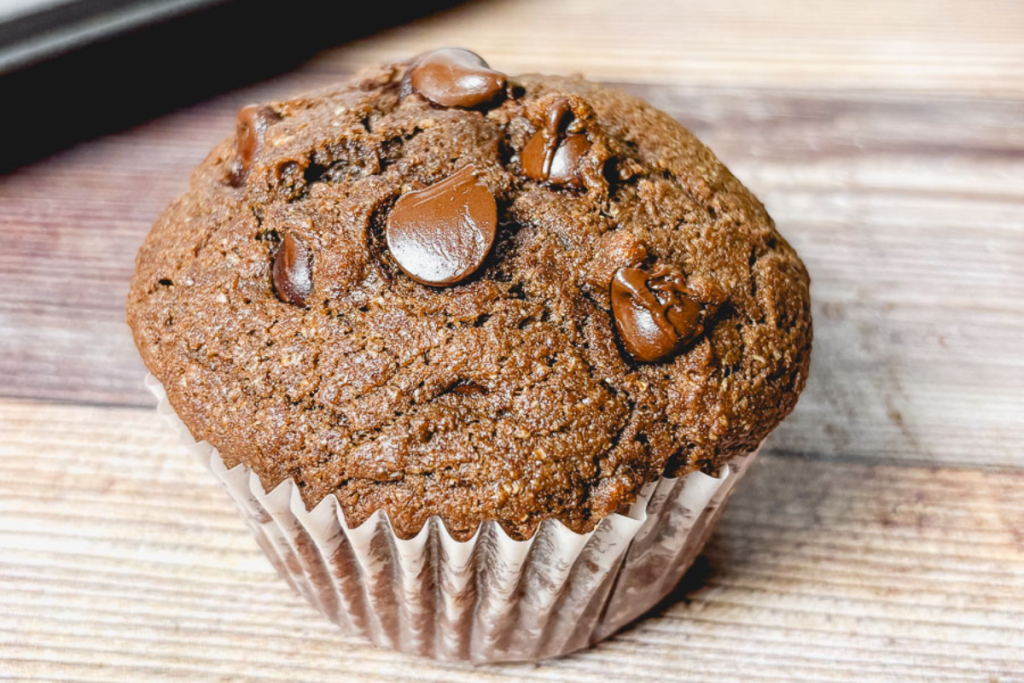 up close double chocolate chip whole grain muffin