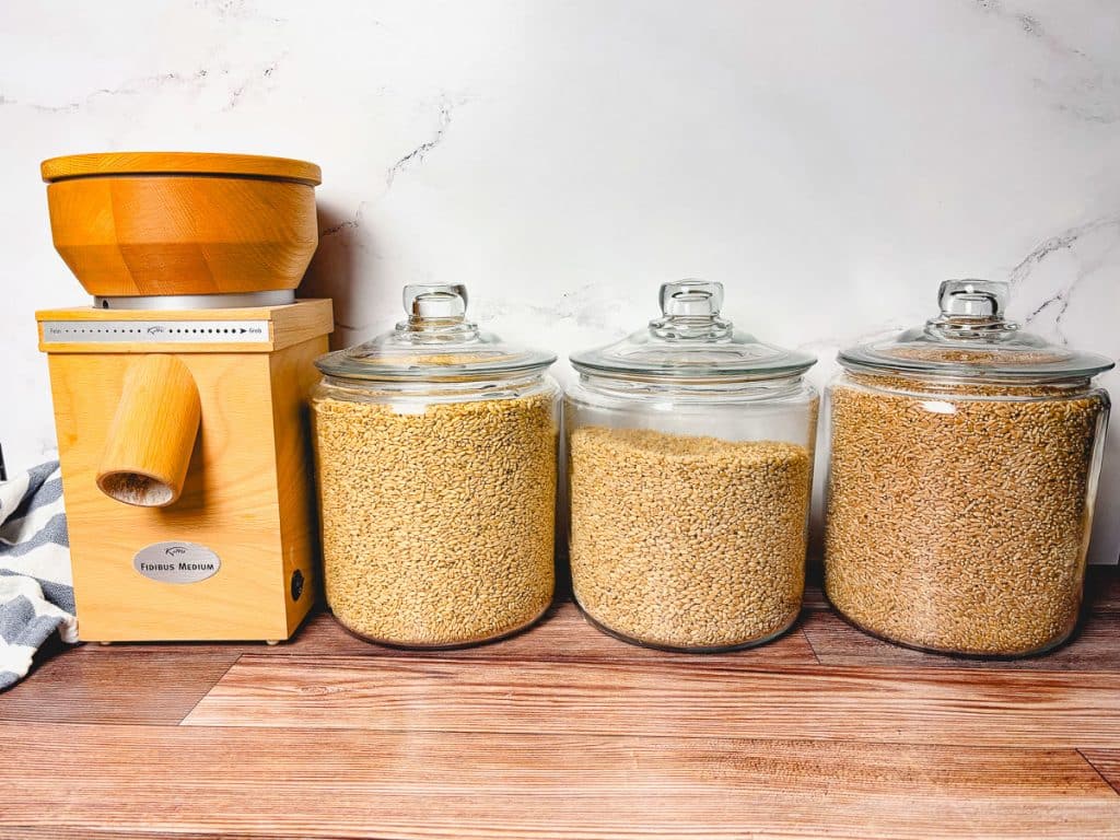 Wooden grain mill next to three large glass jars filled with wheat berries on a kitchen counter, ready for fresh-milled flour baking.