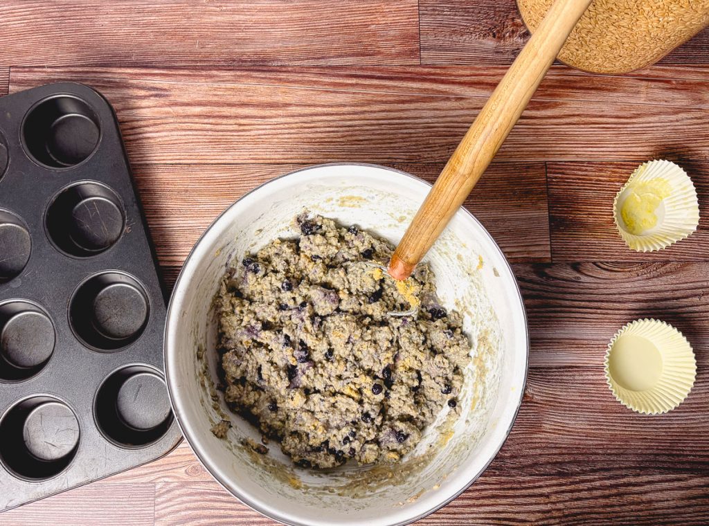 fully mixed whole grain blueberry muffins