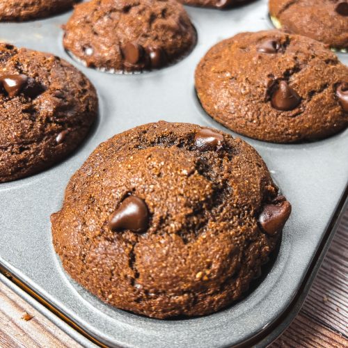 a side angle view of a tray of double chocolate chip muffins in a muffin tin