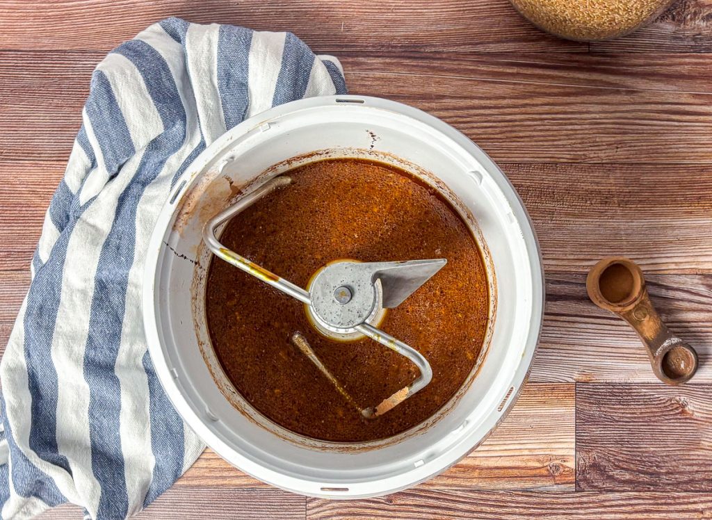 wet ingredients for brown bread dough in a bosch mixer bowl